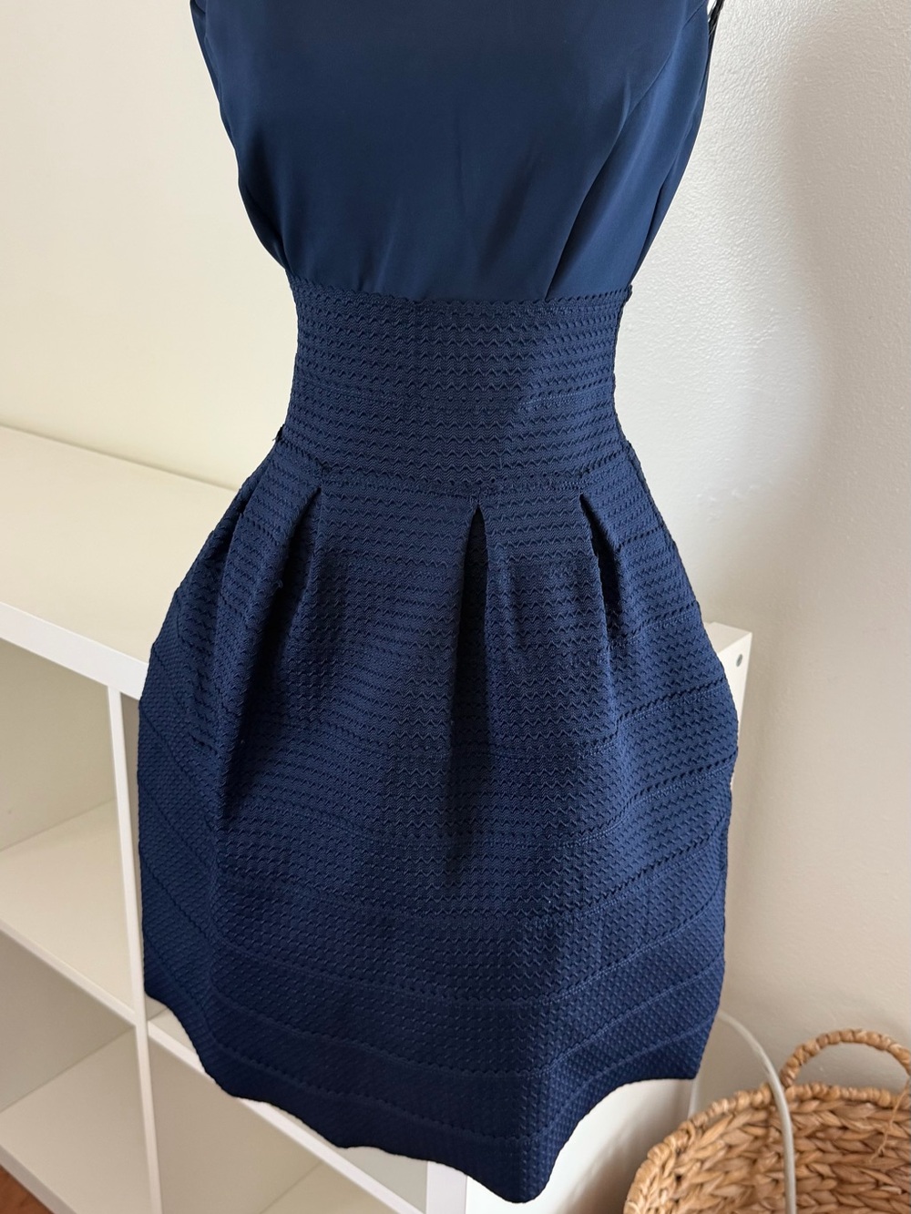 New York & Company Navy Textured Fit-and-Flare Mini Dress